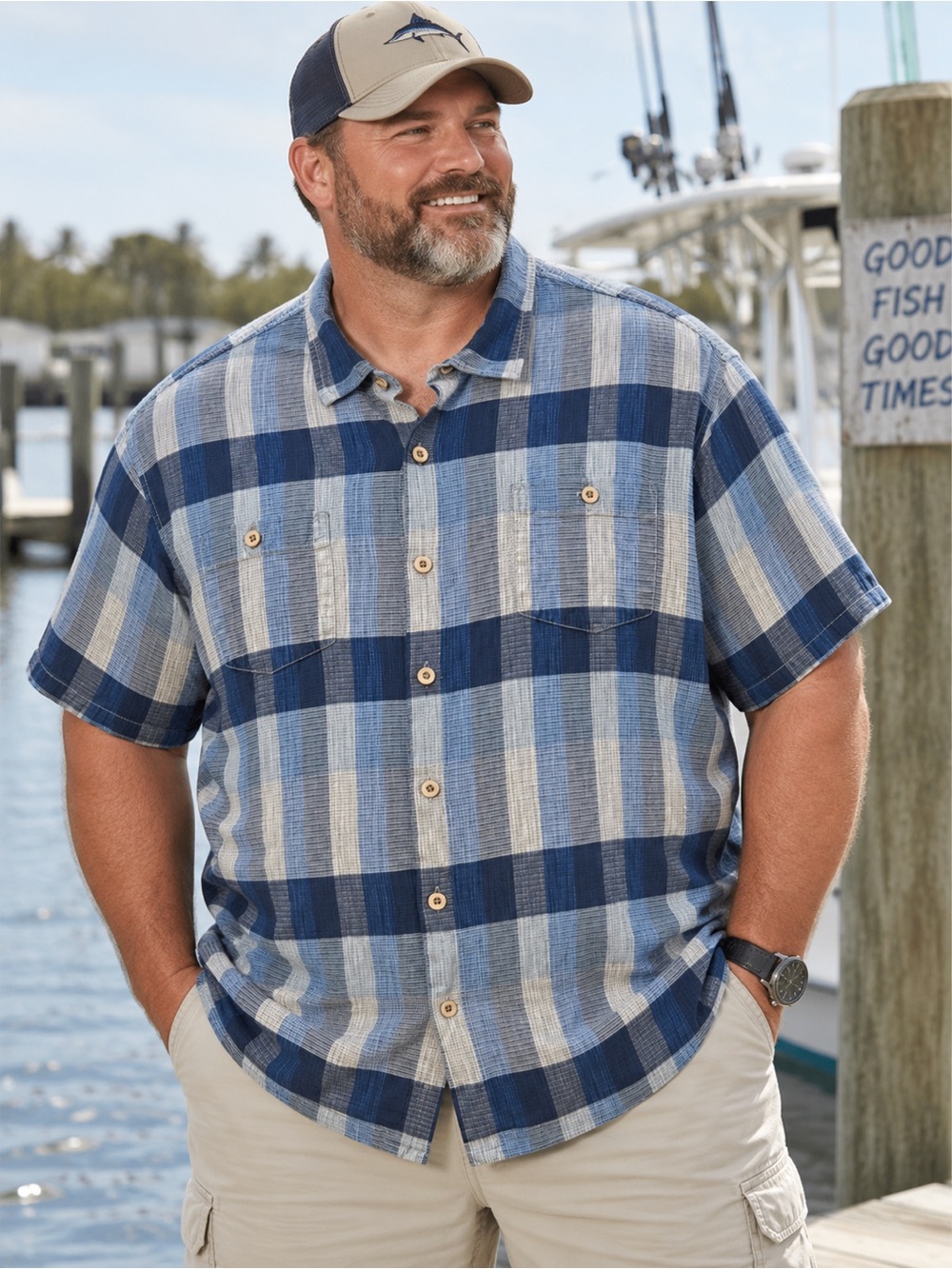 Tommy Bahama 2XB Big Shirt 55% Silk Cotton Blue Plaid Short Sleeve Button Up